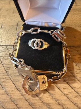 Silver Handcuff Link Bracelet and Ring Set - Silver